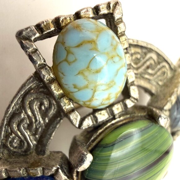 VTG Celtic Style Multi Stone Glass Agate Brooch Round Faux Turquoise Lapis Fashi - Picture 3 of 10